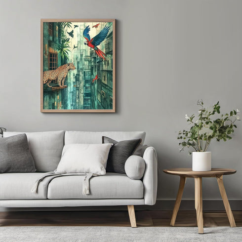 Posterizer-jungle scene with animals in urban city setting -1-Abstract & Modern Art-Art for Animal Lovers-Decor for Home & Office- unframed wall a...